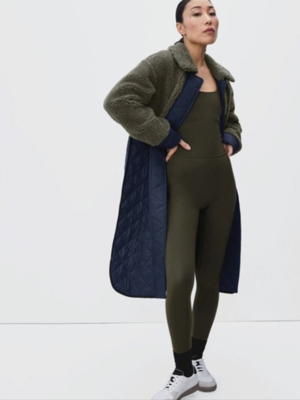 Everlane Quilted Teddy Jacket green Navy Army Bomber Retro Deep Fleece Color XL